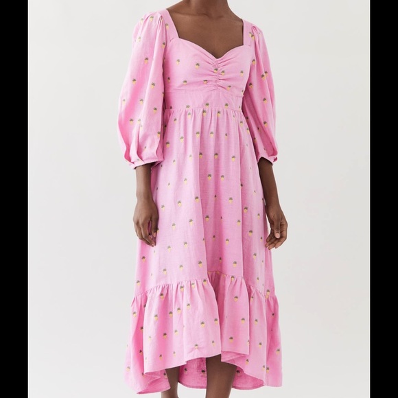 FARM Rio Dresses & Skirts - Farm Rio Pink Maxi Dress with Embroidered Pineapples. Puff Sleeves +Ruffle skirt